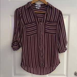 Express Women's Burgundy and White Striped Button Down Shirt
